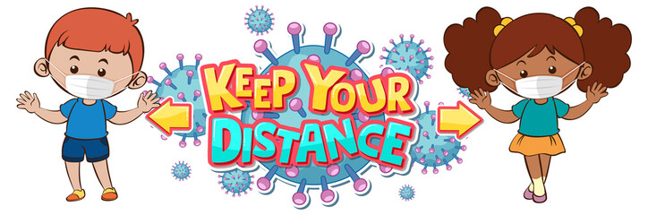 Keep your distance font design with two kids keeping social distance isolated on white background