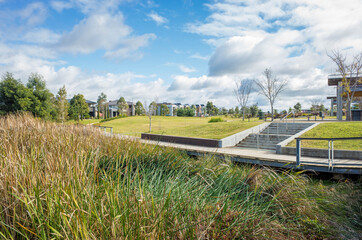 A suburban public park with wetlands and a boardwalk, some modern residential houses in the...