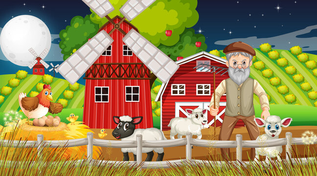 Farm at night scene with old farmer man and farm animals