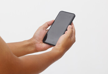 Man's hand holding the black smartphone with blank screen and modern frameless design. Isolated on white background.