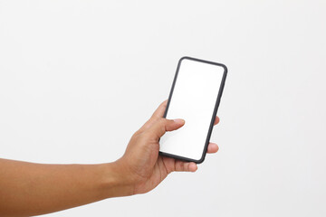 Man's hand holding the black smartphone with blank screen and modern frameless design. Isolated on...