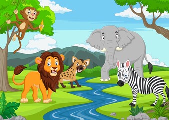 Obraz na płótnie Canvas Cartoon wild animals in the jungle