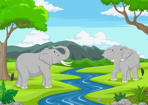 Cartoon two elephants in the jungle