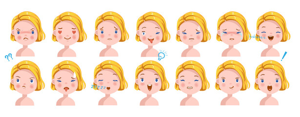 Blond girl facial emotions set. Child face with different expressions. Variety of emotions children. female heads show a variety of moods and differences.