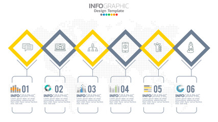 Infograph 6 step yellow color element with circle graphic chart diagram, business graph design.