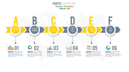 Infograph 6 step yellow color element with circle graphic chart diagram, business graph design.