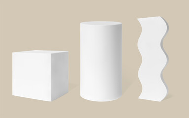 White podium mockups vector realistic 3d illustration isolated on beige background. Set pedestal, stage or platform for product presentation or display