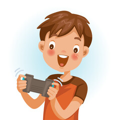 Little boy, red shirt. Using game control equipment. Fun, smiling, excited with the child's play. Cartoon character illustration