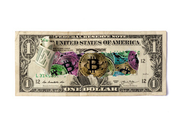 A broken one dollar bill over crypto currencies