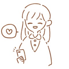 笑顔でスマートフォンを操作するシンプルな女性の線画イラスト