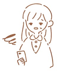 スマホの操作に戸惑うシンプルな手描きの女性
