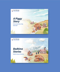 Facebook template with cute three little pigs concept ,watercolor style