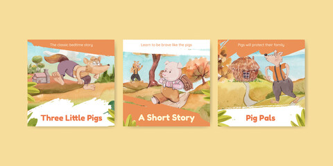 Banner template with cute three little pigs concept ,watercolor style