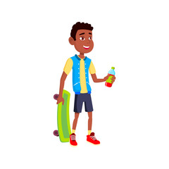 happiness african boy holding skateboard and drink bottle cartoon vector. happiness african boy holding skateboard and drink bottle character. isolated flat cartoon illustration