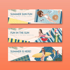Fototapeta na wymiar Banner template with summer vibes concept,watercolor style