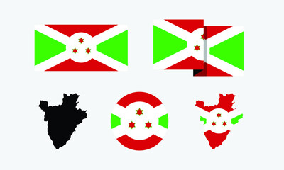 Republic of Burundi attributes. flag in rectangle, round, and maps. set of element vector illustrations for national celebration day.