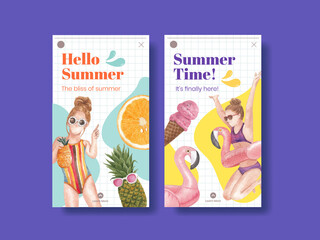 Instagram template with summer vibes concept,watercolor style