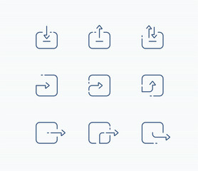arrow square icon set for web and app: download, upload, import, export line arrows. Editable stroke vector illustration