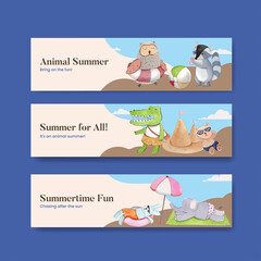 Banner template with animals summer concept,watercolor style