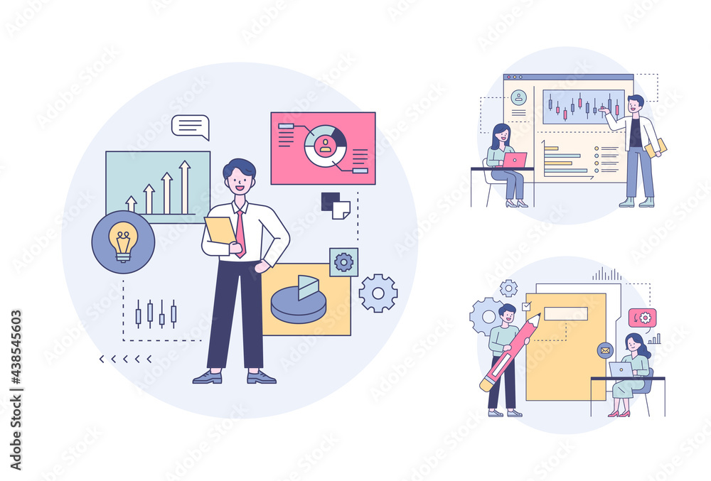 Poster business professionals are analyzing graphs and filling out papers. flat design style minimal vector
