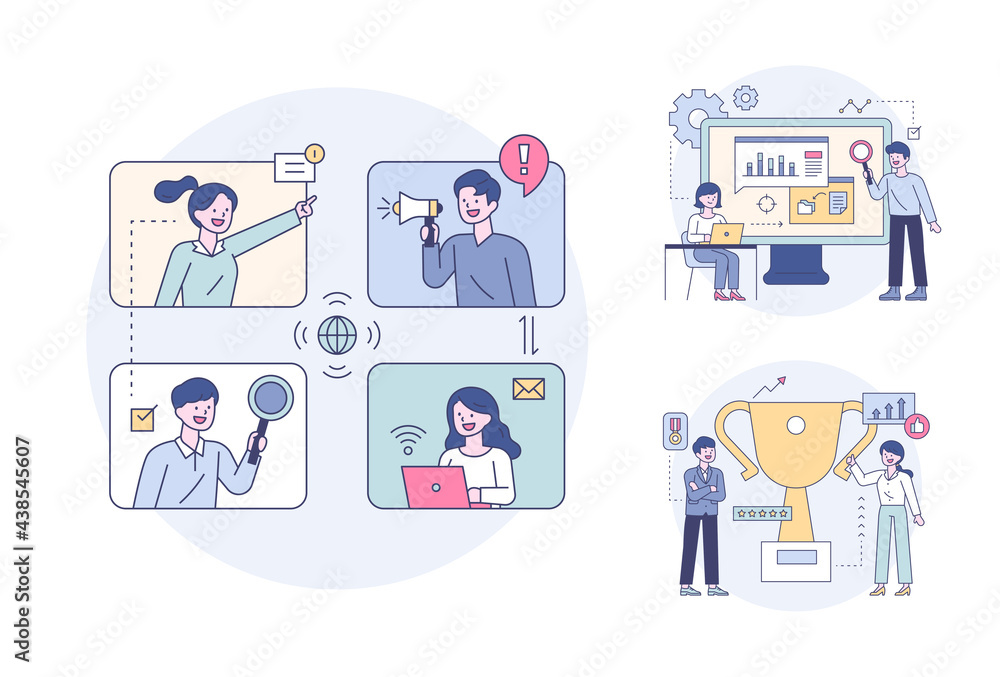 Poster business professionals meeting on network and analyzing strategy. flat design style minimal vector i