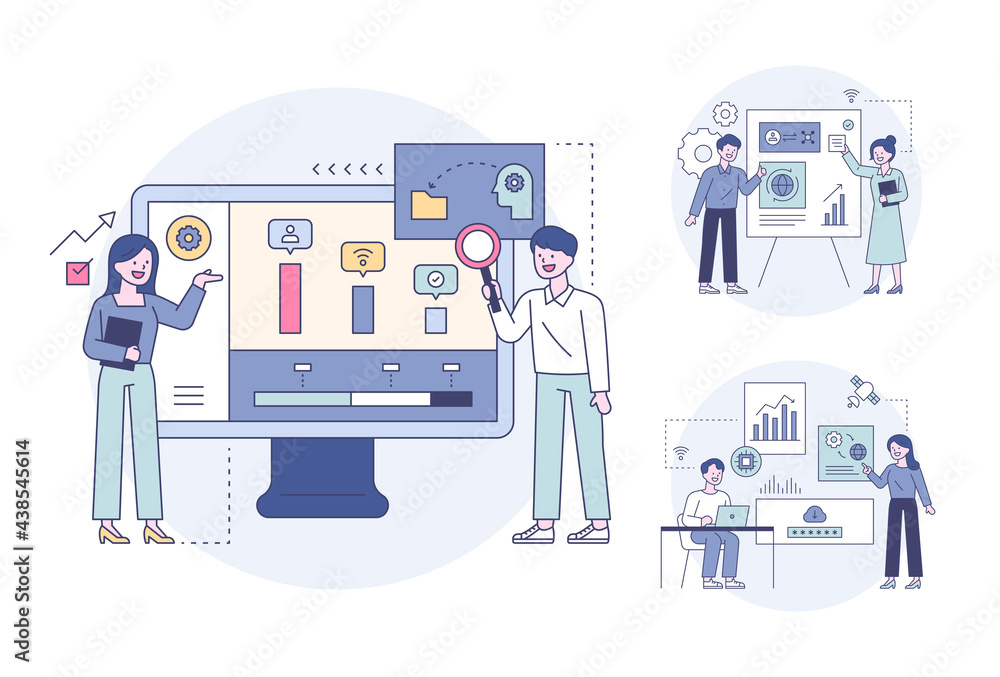 Poster business professionals looking at graph data and discussing opinions. flat design style minimal vect
