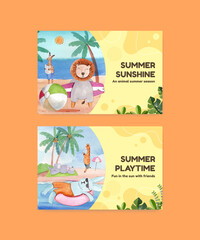 Facebook template with animals summer concept,watercolor style