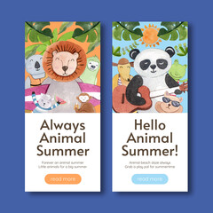 Flyer template with animals summer concept,watercolor style