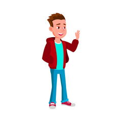 cheerful boy teen greeting mother cartoon vector. cheerful boy teen greeting mother character. isolated flat cartoon illustration