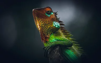 Foto op Plexiglas Vivid glowing skin of a beautiful reptile, put arms around a wooden pole close up lizard photograph. © nilanka