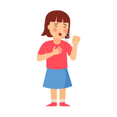 Cute girl is coughing in flat design on white background. Sick kid suffering from sore throat.