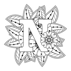 Letter N with Mehndi flower. decorative ornament in ethnic oriental style. coloring book page. 