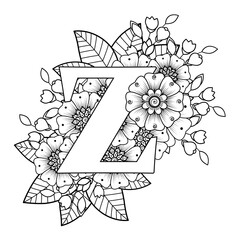 Letter z with Mehndi flower. decorative ornament in ethnic oriental style. coloring book page. 