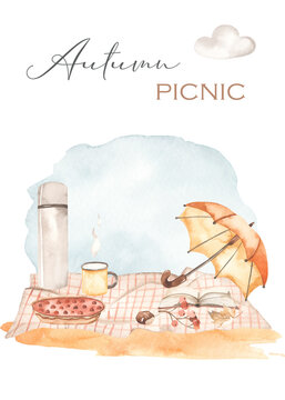 Watercolor card autumn picnic in the park with plaid, thermos, mug, umbrella, book, berries