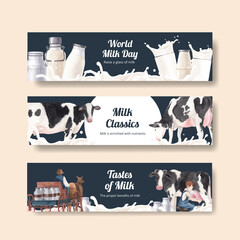 Banner template with world milk day concept,watercolor style
