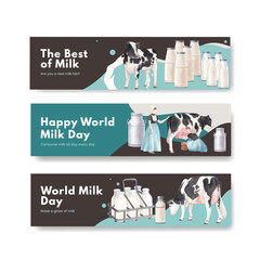 Banner template with world milk day concept,watercolor style