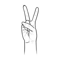 Hippie peace sign with two fingers. Hand gesture as symbol of victory. Sketch vector illustration isolated in white background