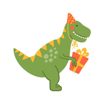Cute cartoon dinosaur with birthdays hat and presents. childish festive dinos flat illustration. Happy Birthday concept. Vector animal character. Perfect for greeting card, sublimation printing 