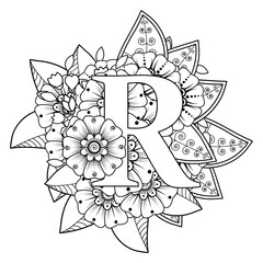 Letter R with Mehndi flower. decorative ornament in ethnic oriental style. coloring book page. 