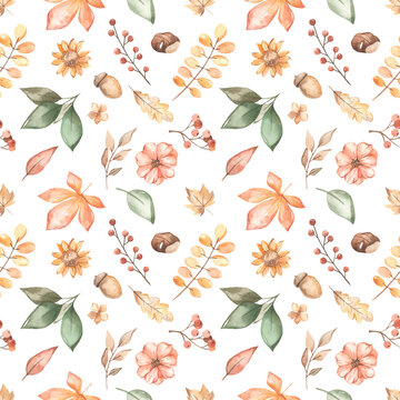 Watercolor seamless pattern with autumn leaves, flowers, berries, acorn, chestnut on a white background