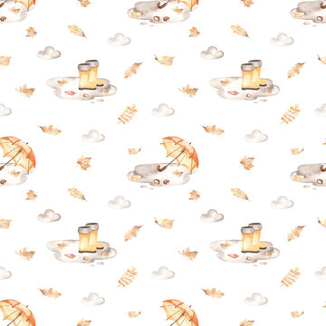 Watercolor seamless pattern with autumn mood, puddles, rubber boots, umbrella, clouds, autumn leaves on a white background
