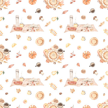 Watercolor seamless pattern with autumn picnic, tea, thermos, plaid, pie, bun, autumn leaves on a white background