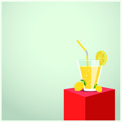 lemonade glass. fresh lemonade glass with lemon slices and straw in it placing on a 3D red square with plain background. isolated lemons on side of glass. summers  refreshing drink.