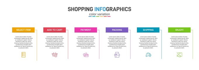 Concept of shopping process with 6 successive steps. Six colorful graphic elements. Timeline design for brochure, presentation, web site. Infographic design layout.