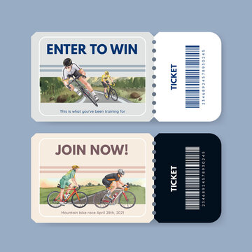 Ticket template with world bicycle day concept,watercolor style