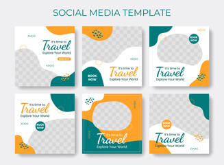 Editable template post for social media ad. Instagram template post. web banner ads for travel promotion .design with green and yellow color.