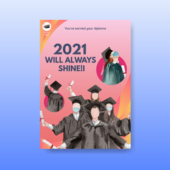 Poster template with class of 2021 concept,watercolor style