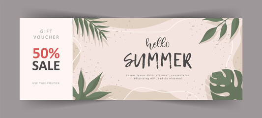 Fototapeta na wymiar Hello summer gift voucher. Commercial discount coupon. Vintage background with lettering. Vector illustration in flat style.
