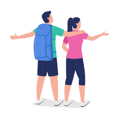 Obraz premium Couple of backpackers semi flat color vector characters. Boyfriend and girlfriend figures. Full body people on white. Hikers isolated modern cartoon style illustration for graphic design and animation