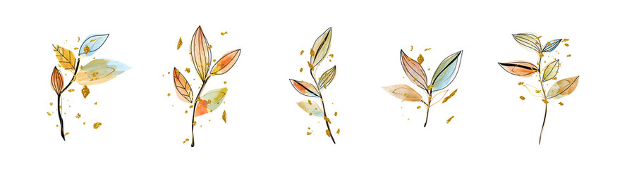 Fototapeta premium Luxury wedding bouquets watercolor and gold splatters vector set. Floral foliage, tropical leaves, artificial plants , Botanical art design set for wedding logo, wall art, canvas prints, invite card.